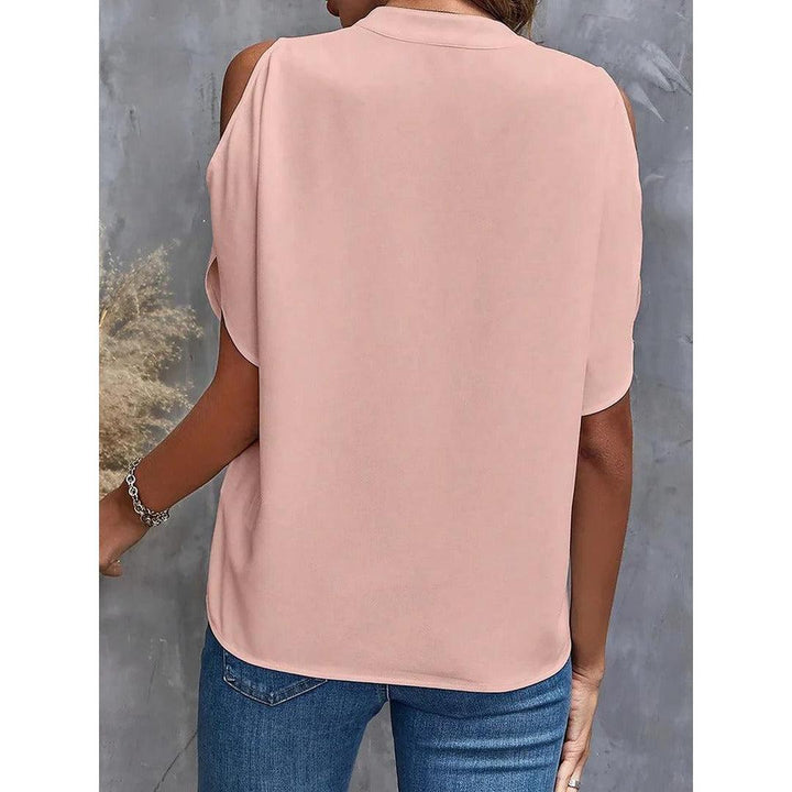 Women Blouse Solid Color Notch Neck Cold Shoulder Short Sleeve