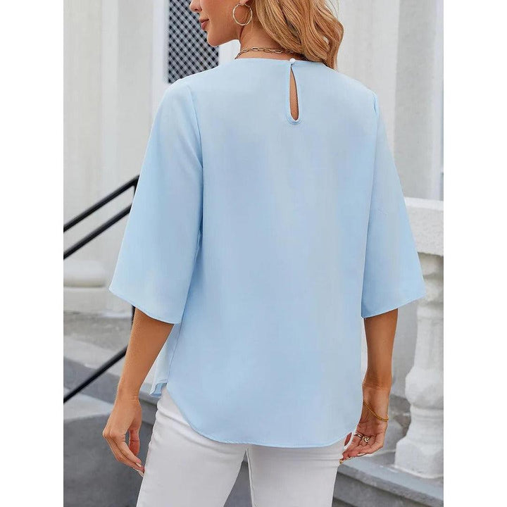 Women Blouse Solid Color Round Neck 3/4 Sleeve