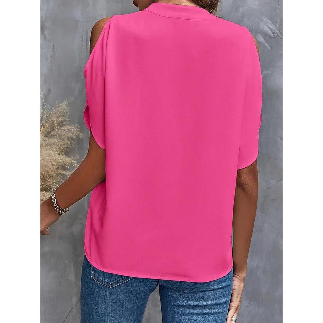 Women Blouse Solid Color Notch Neck Cold Shoulder Short Sleeve