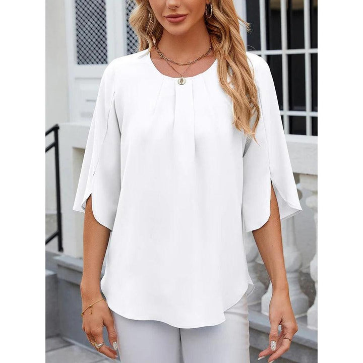 Women Blouse Solid Color Round Neck 3/4 Sleeve