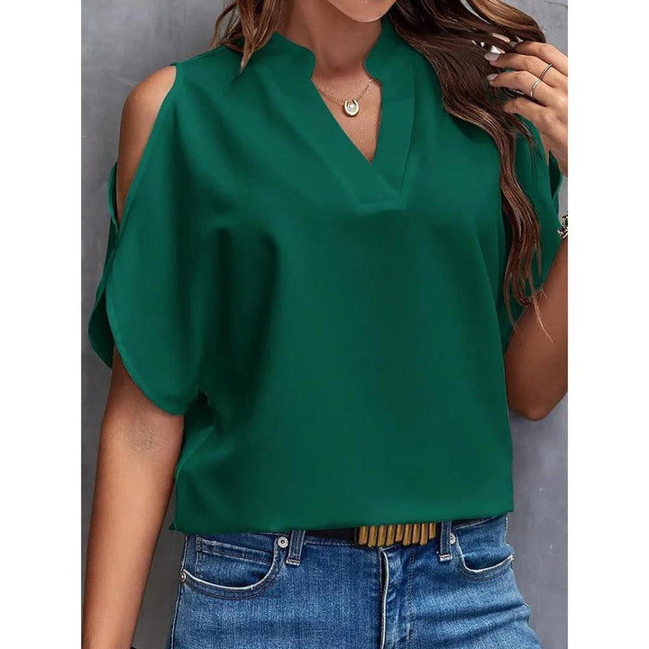 Women Blouse Solid Color Notch Neck Cold Shoulder Short Sleeve