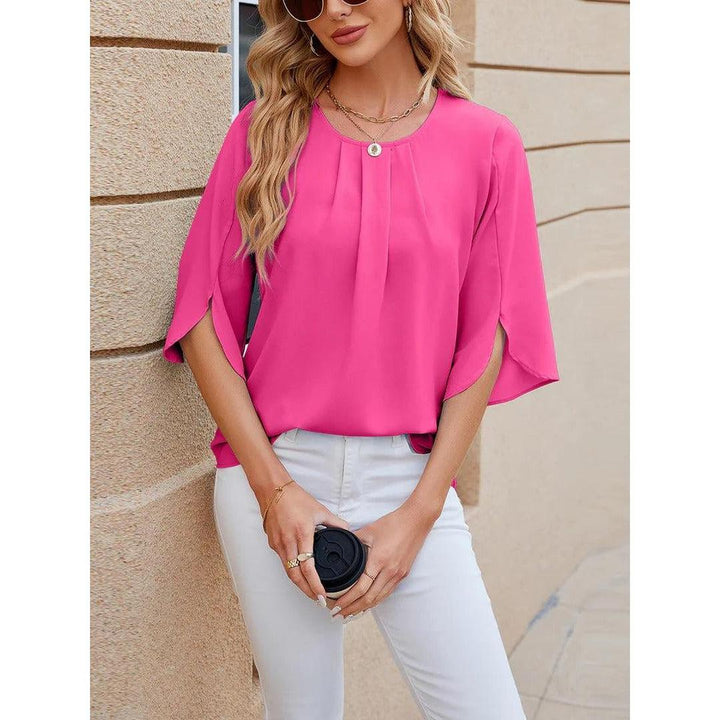 Women Blouse Solid Color Round Neck 3/4 Sleeve