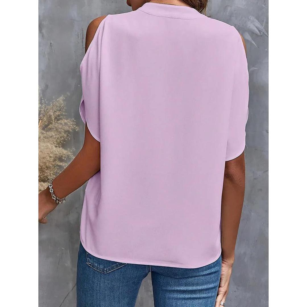 Women Blouse Solid Color Notch Neck Cold Shoulder Short Sleeve