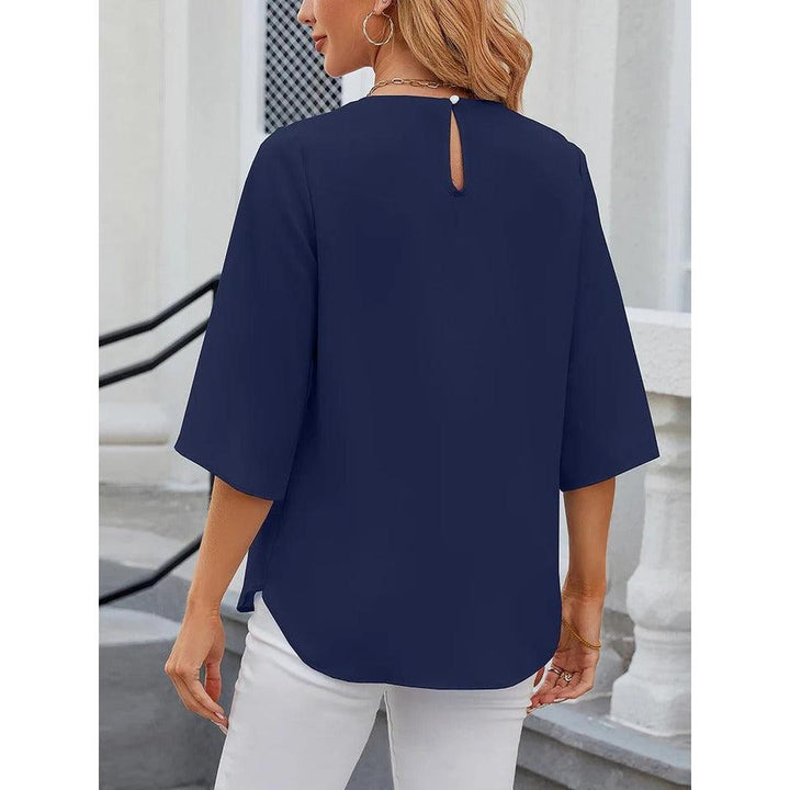Women Blouse Solid Color Round Neck 3/4 Sleeve