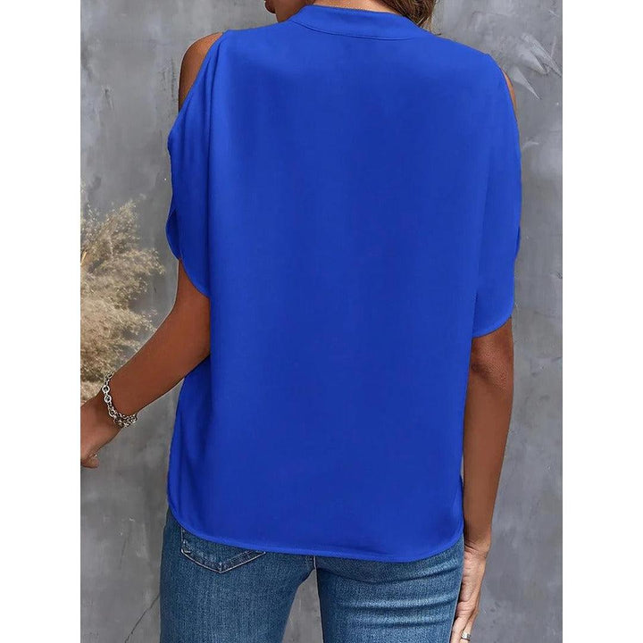 Women Blouse Solid Color Notch Neck Cold Shoulder Short Sleeve