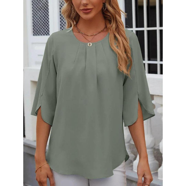 Women Blouse Solid Color Round Neck 3/4 Sleeve