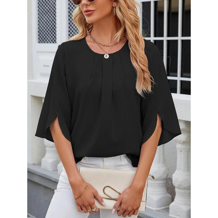 Women Blouse Solid Color Round Neck 3/4 Sleeve