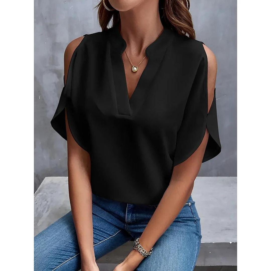Women Blouse Solid Color Notch Neck Cold Shoulder Short Sleeve