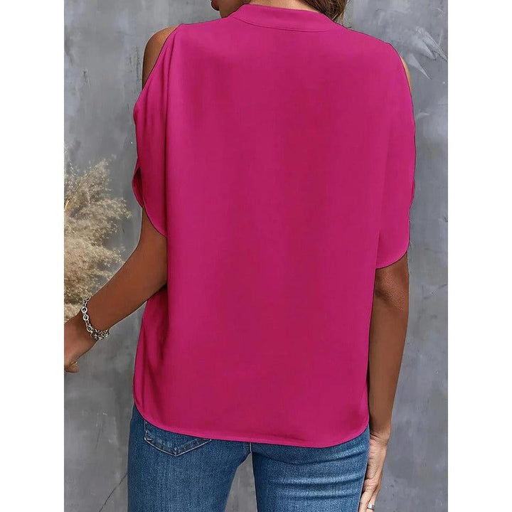 Women Blouse Solid Color Notch Neck Cold Shoulder Short Sleeve