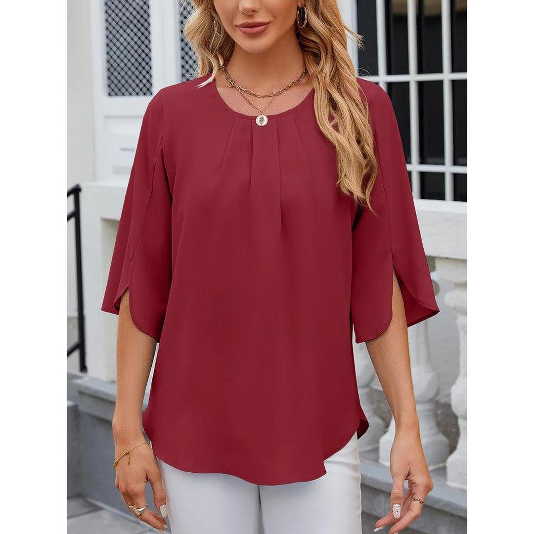 Women Blouse Solid Color Round Neck 3/4 Sleeve