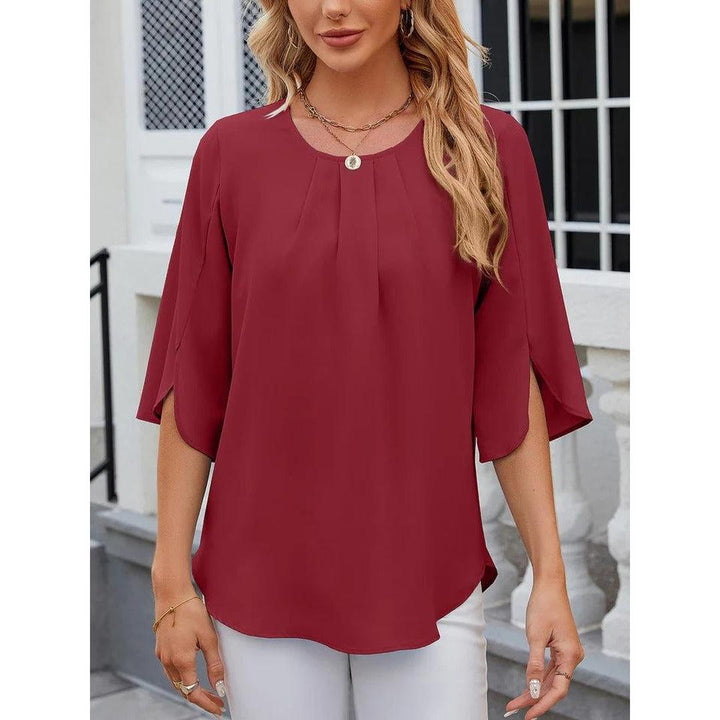 Women Blouse Solid Color Round Neck 3/4 Sleeve