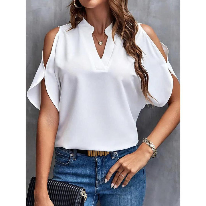 Women Blouse Solid Color Notch Neck Cold Shoulder Short Sleeve