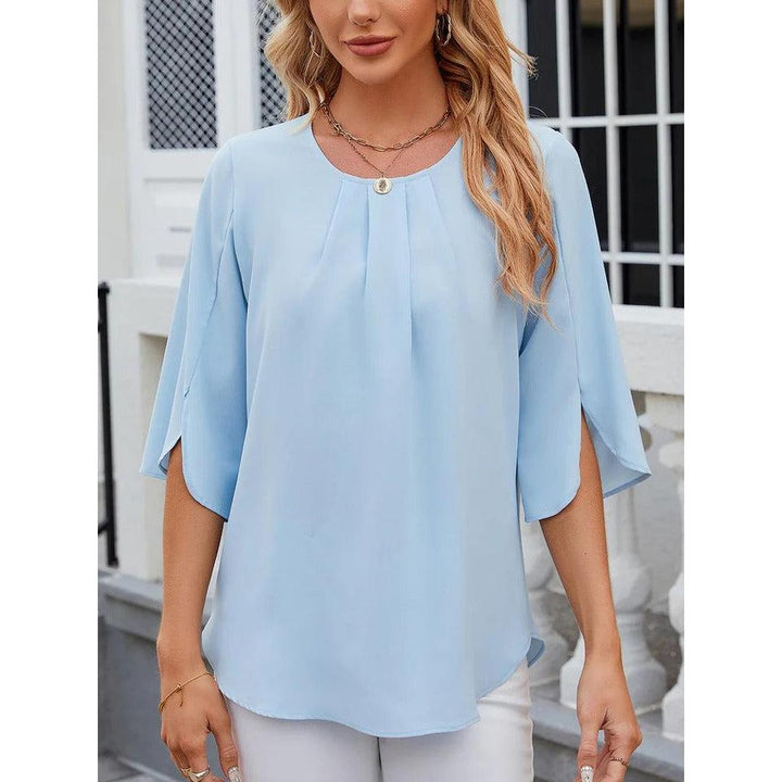 Women Blouse Solid Color Round Neck 3/4 Sleeve