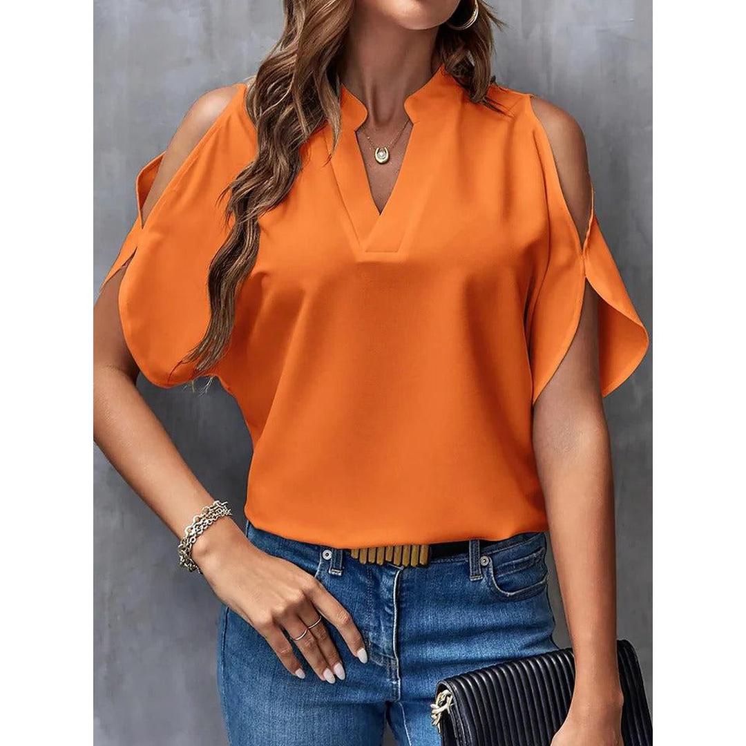 Women Blouse Solid Color Notch Neck Cold Shoulder Short Sleeve