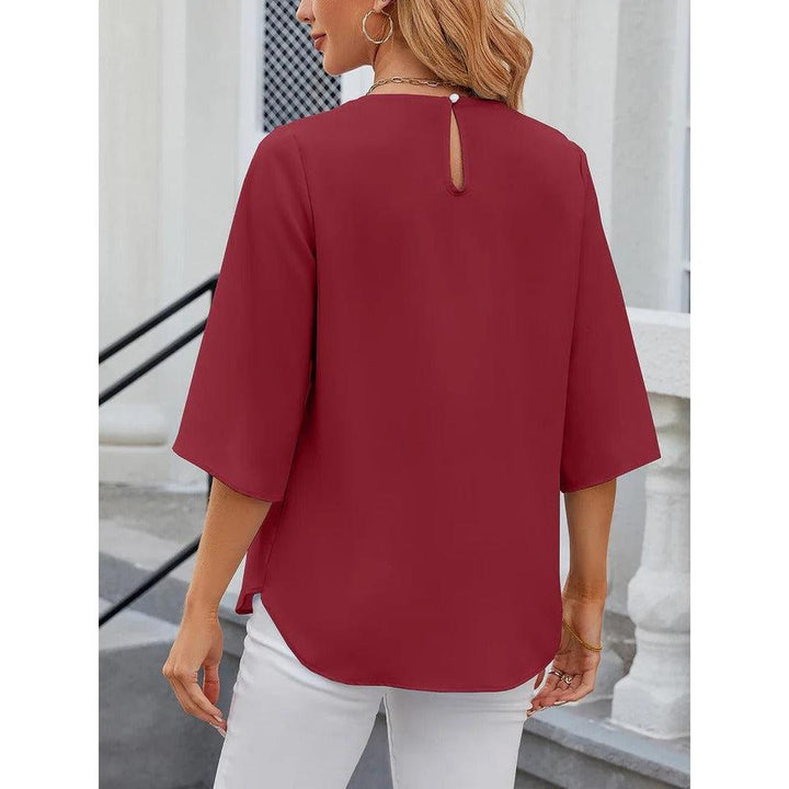 Women Blouse Solid Color Round Neck 3/4 Sleeve