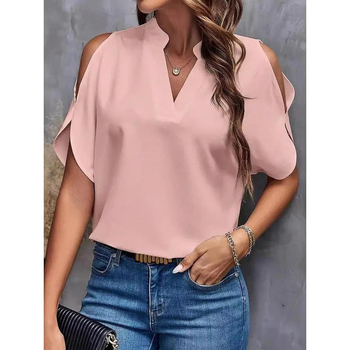 Women Blouse Solid Color Notch Neck Cold Shoulder Short Sleeve