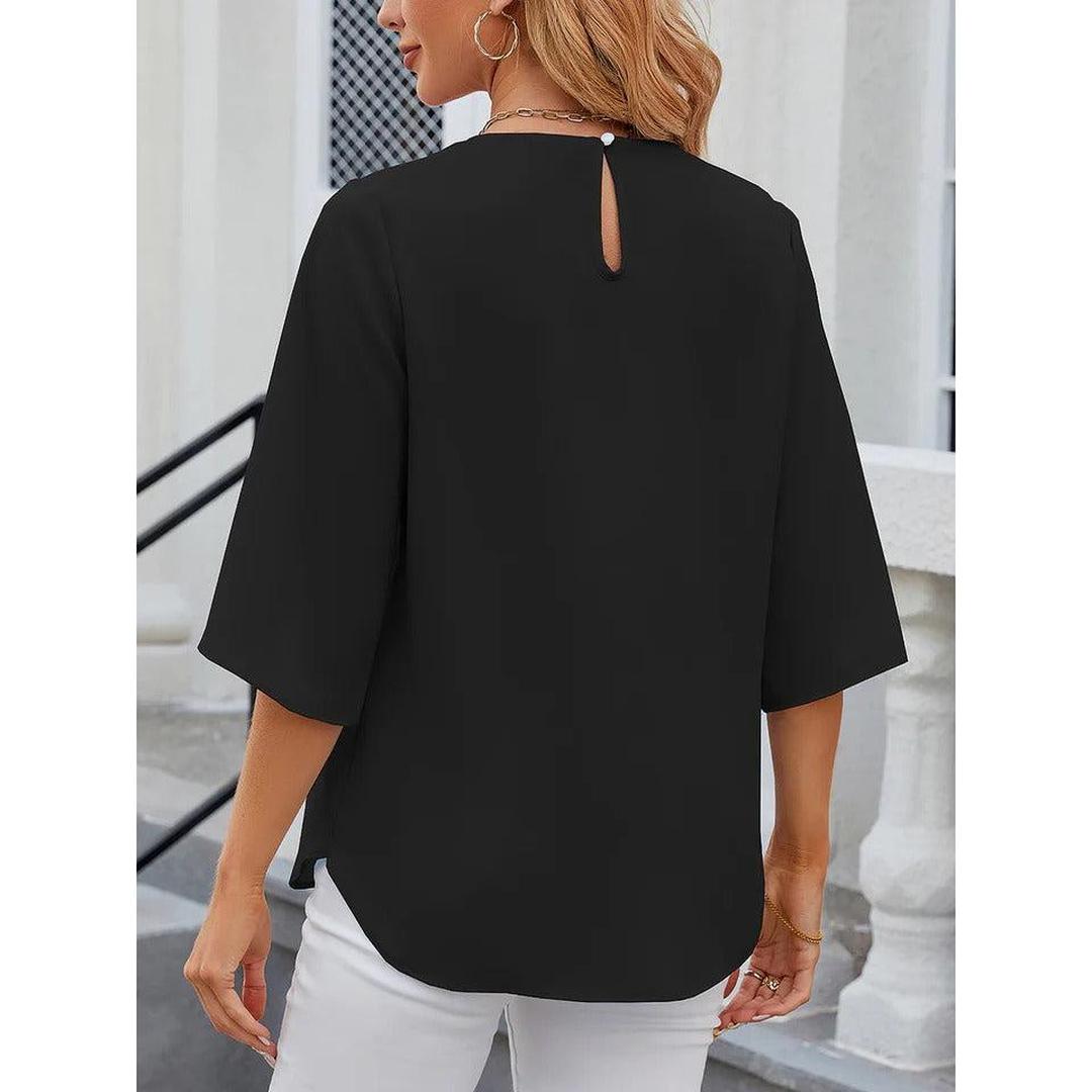 Women Blouse Solid Color Round Neck 3/4 Sleeve