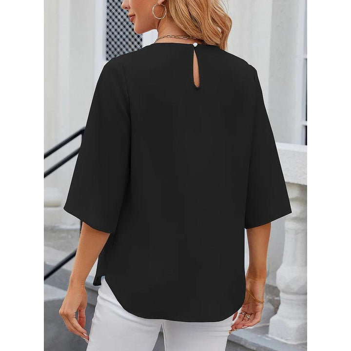 Women Blouse Solid Color Round Neck 3/4 Sleeve