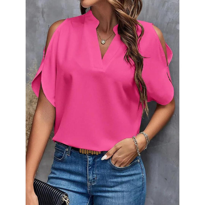 Women Blouse Solid Color Notch Neck Cold Shoulder Short Sleeve