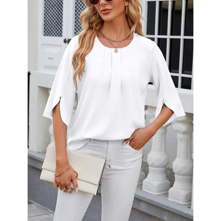 Women Blouse Solid Color Round Neck 3/4 Sleeve