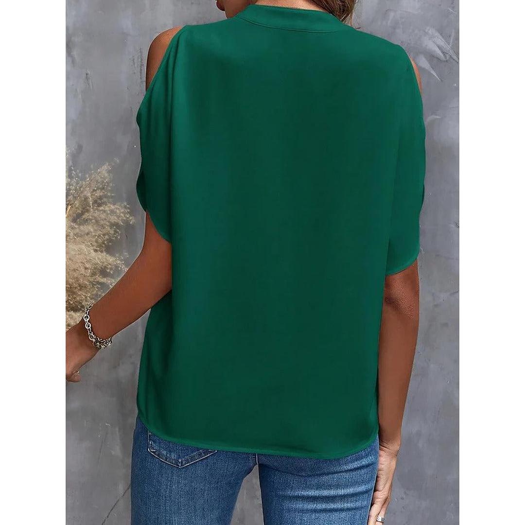 Women Blouse Solid Color Notch Neck Cold Shoulder Short Sleeve
