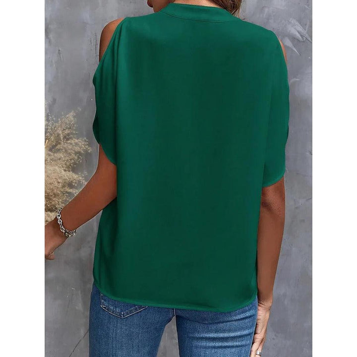 Women Blouse Solid Color Notch Neck Cold Shoulder Short Sleeve