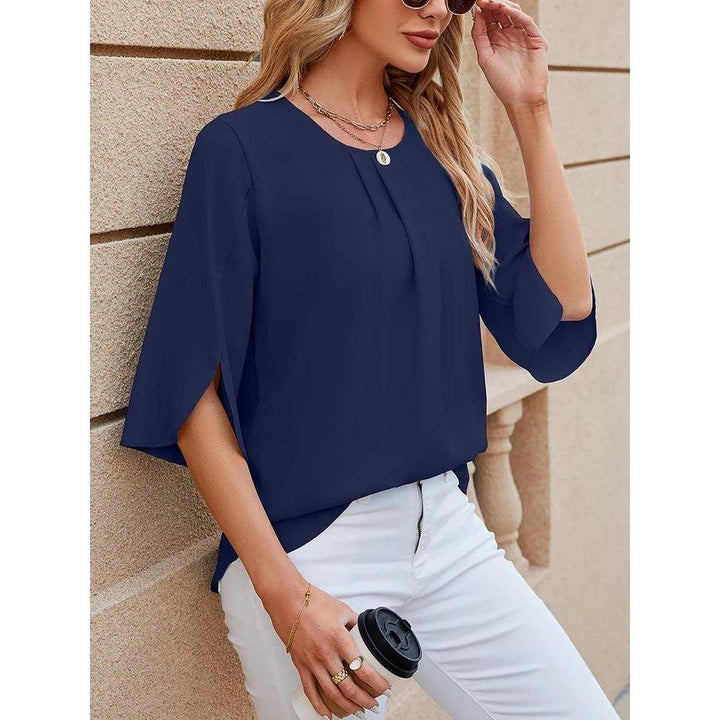 Women Blouse Solid Color Round Neck 3/4 Sleeve