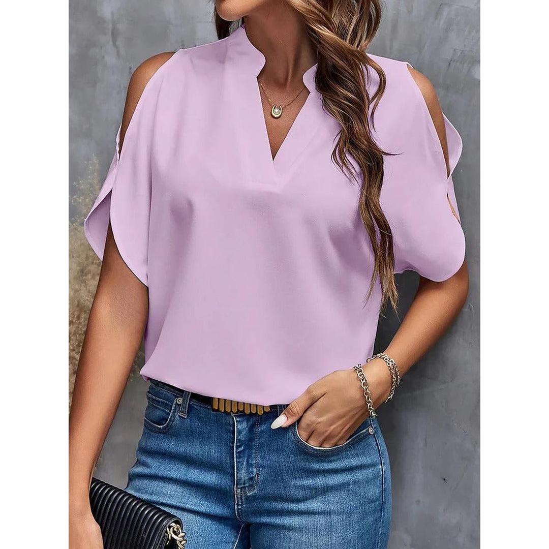 Women Blouse Solid Color Notch Neck Cold Shoulder Short Sleeve