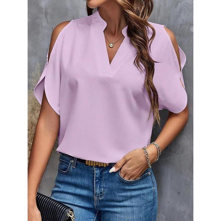 Women Blouse Solid Color Notch Neck Cold Shoulder Short Sleeve
