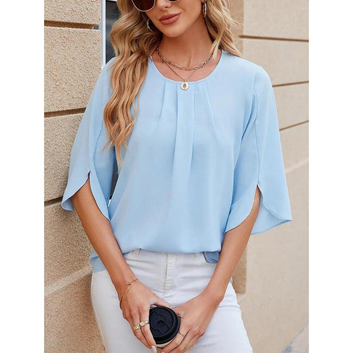 Women Blouse Solid Color Round Neck 3/4 Sleeve