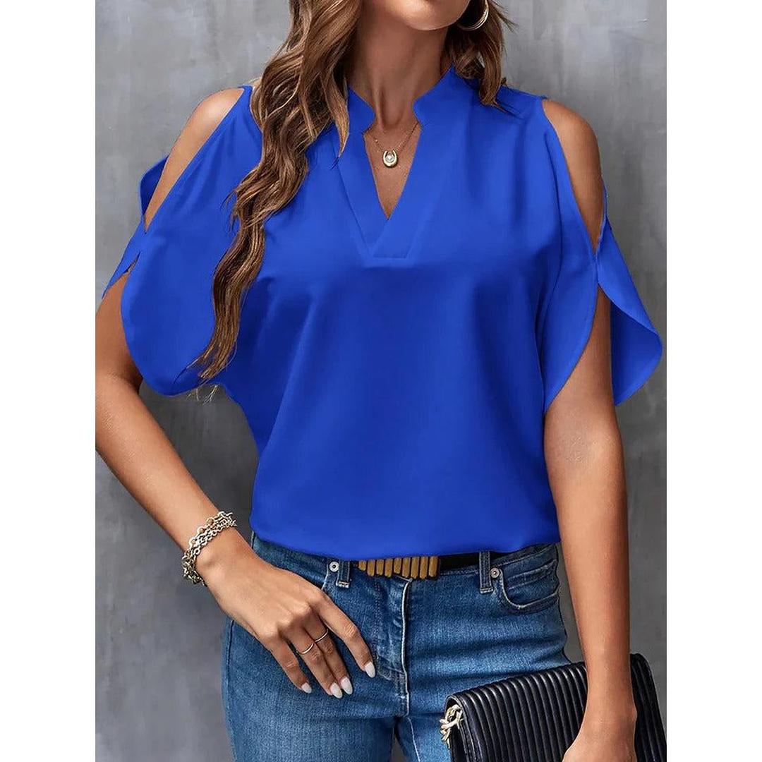 Women Blouse Solid Color Notch Neck Cold Shoulder Short Sleeve