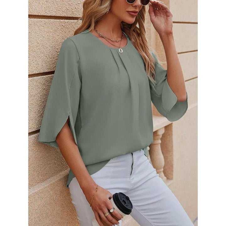 Women Blouse Solid Color Round Neck 3/4 Sleeve
