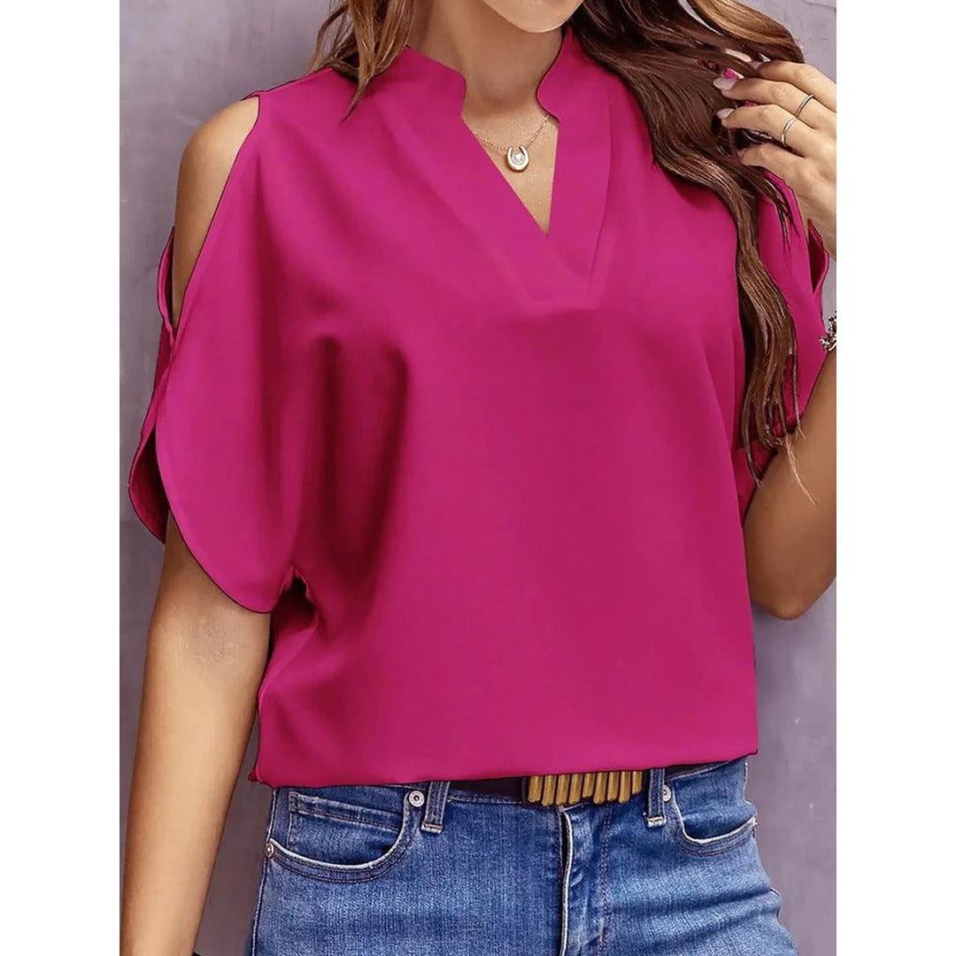 Women Blouse Solid Color Notch Neck Cold Shoulder Short Sleeve