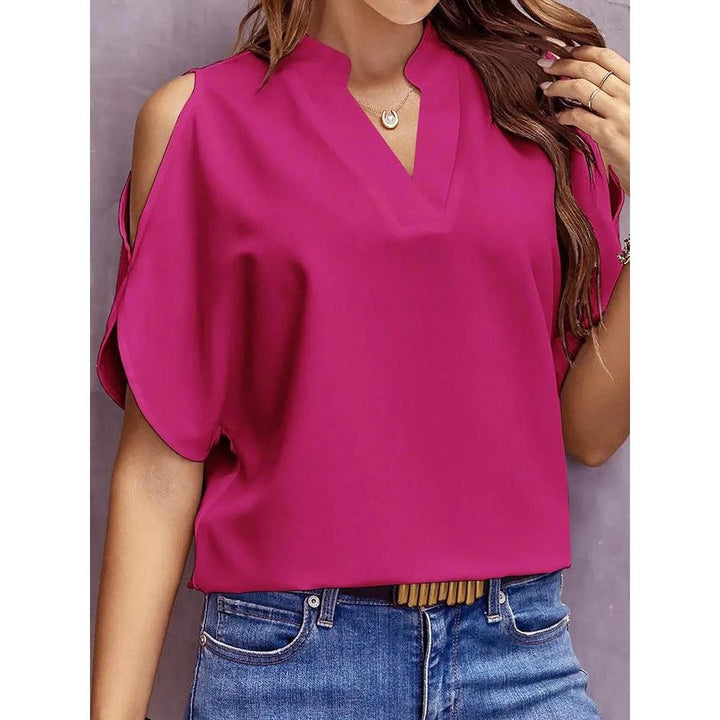 Women Blouse Solid Color Notch Neck Cold Shoulder Short Sleeve