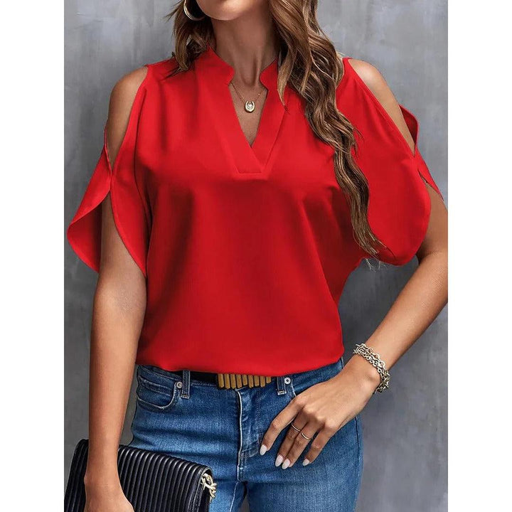 Women Blouse Solid Color Notch Neck Cold Shoulder Short Sleeve