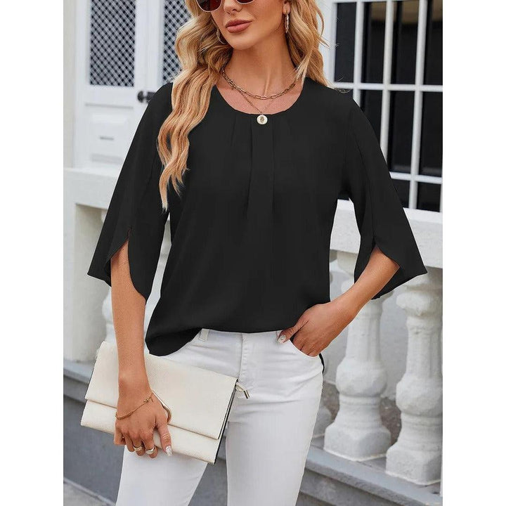 Women Blouse Solid Color Round Neck 3/4 Sleeve