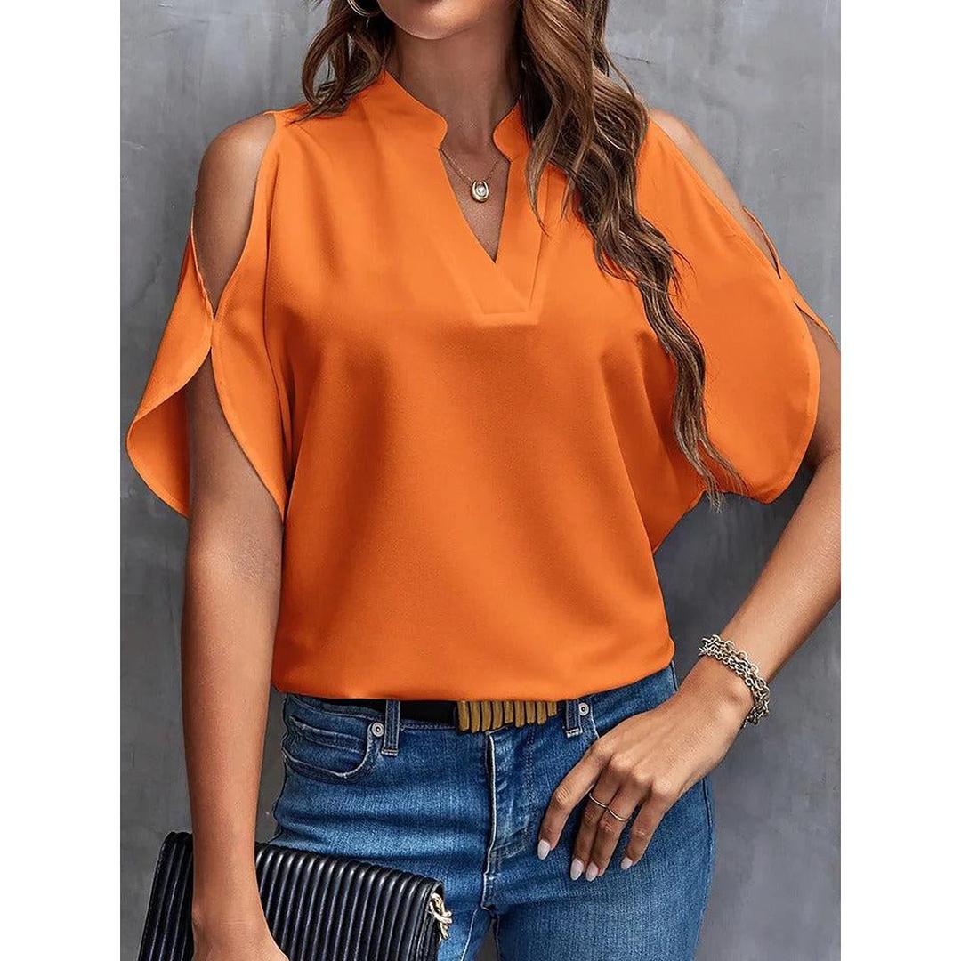 Women Blouse Solid Color Notch Neck Cold Shoulder Short Sleeve