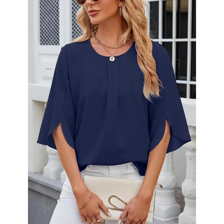 Women Blouse Solid Color Round Neck 3/4 Sleeve