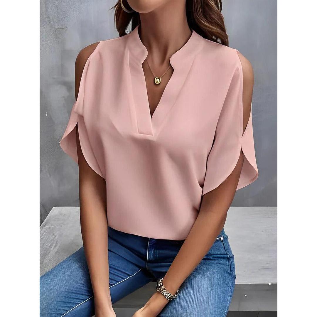 Women Blouse Solid Color Notch Neck Cold Shoulder Short Sleeve
