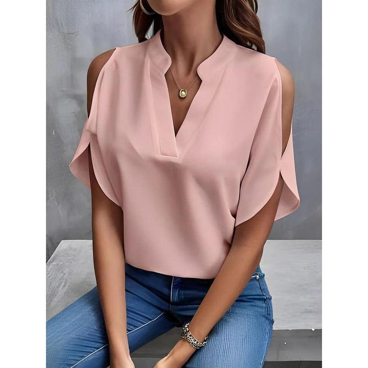 Women Blouse Solid Color Notch Neck Cold Shoulder Short Sleeve