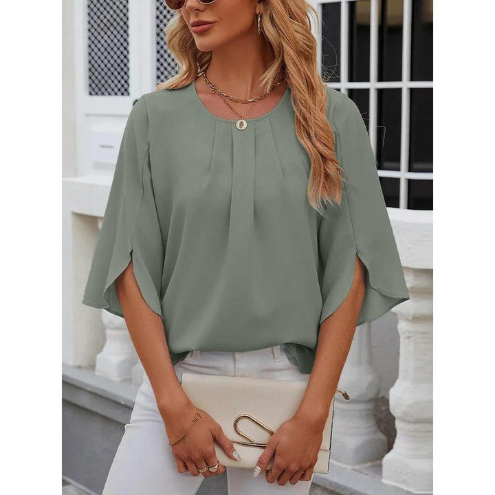 Women Blouse Solid Color Round Neck 3/4 Sleeve
