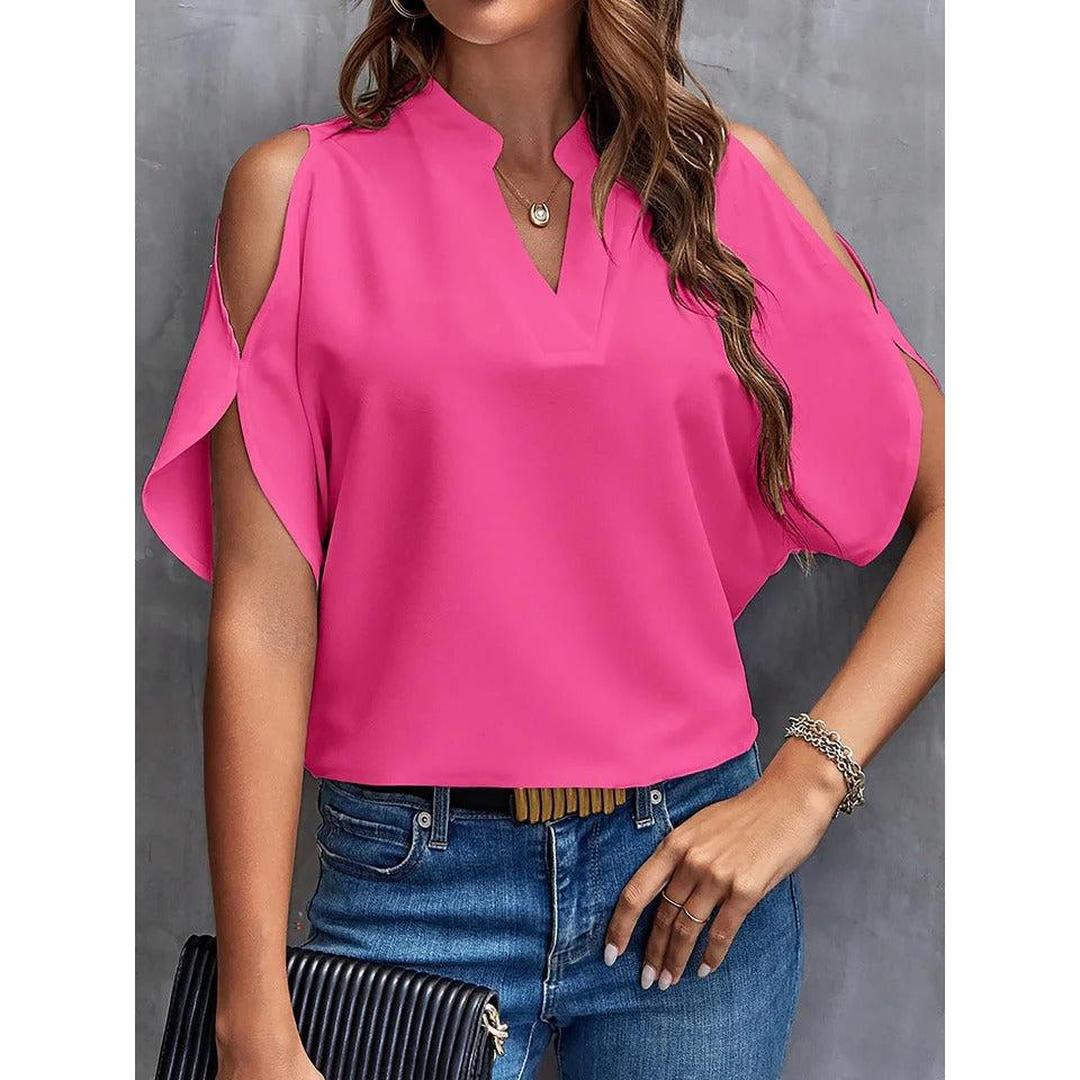 Women Blouse Solid Color Notch Neck Cold Shoulder Short Sleeve