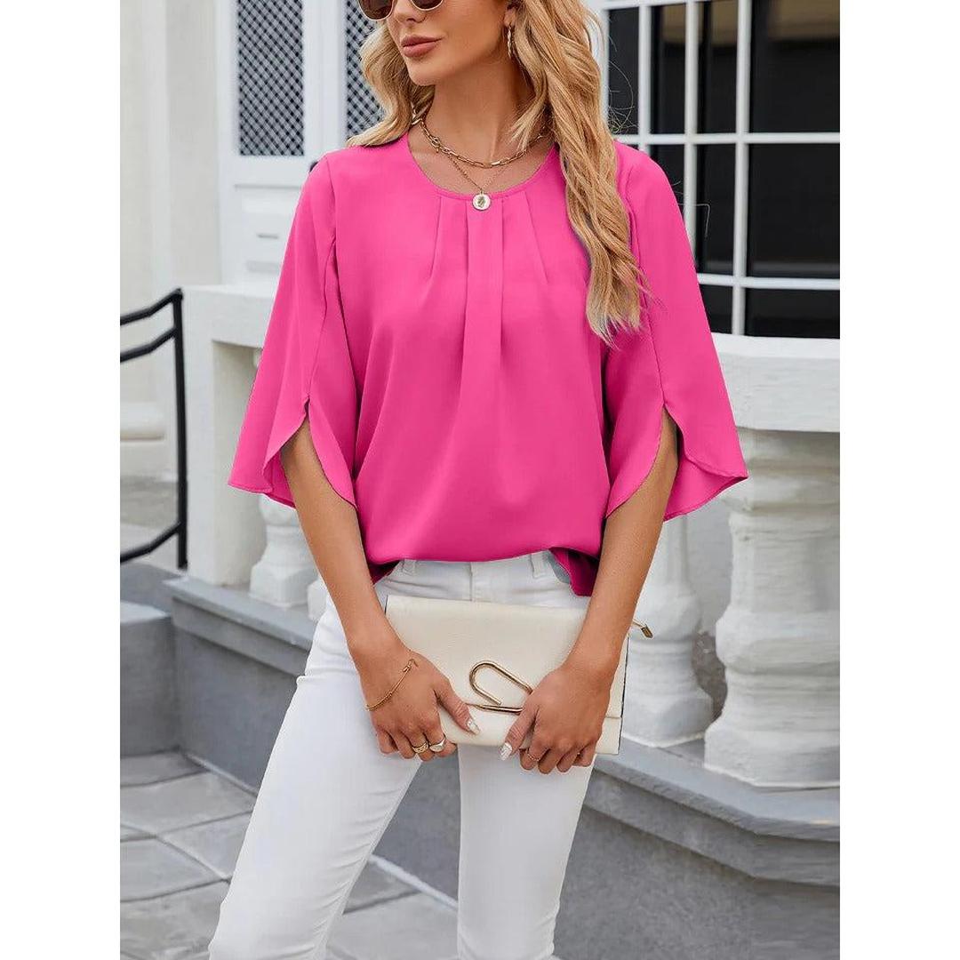 Women Blouse Solid Color Round Neck 3/4 Sleeve