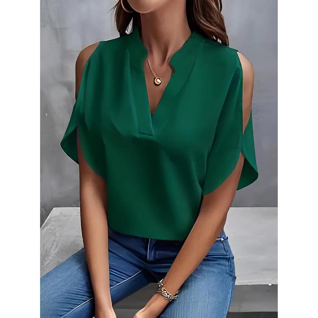 Women Blouse Solid Color Notch Neck Cold Shoulder Short Sleeve