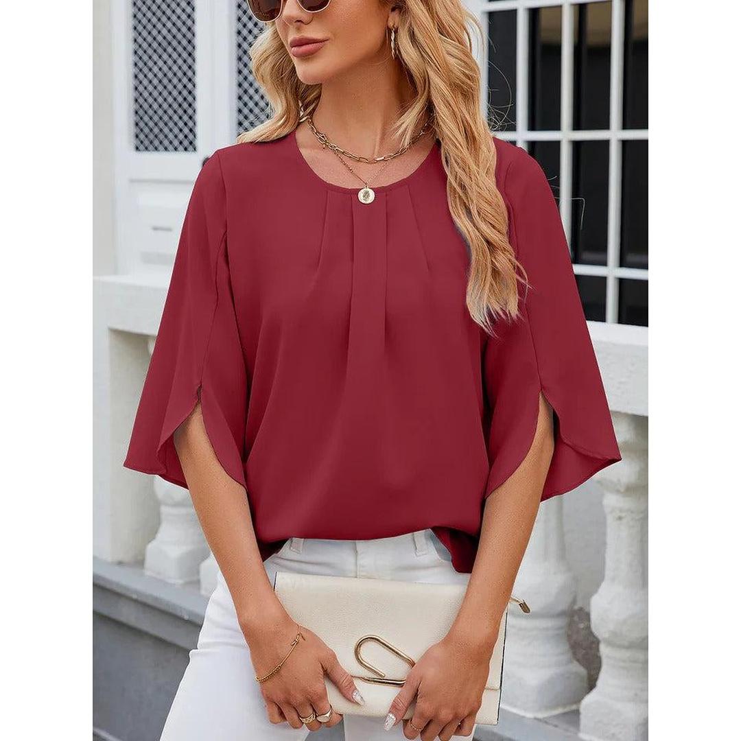 Women Blouse Solid Color Round Neck 3/4 Sleeve