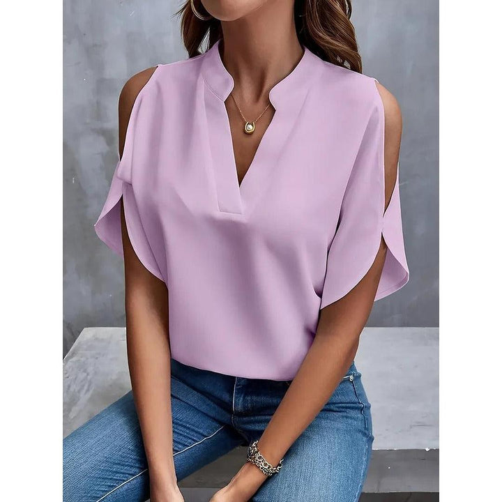 Women Blouse Solid Color Notch Neck Cold Shoulder Short Sleeve