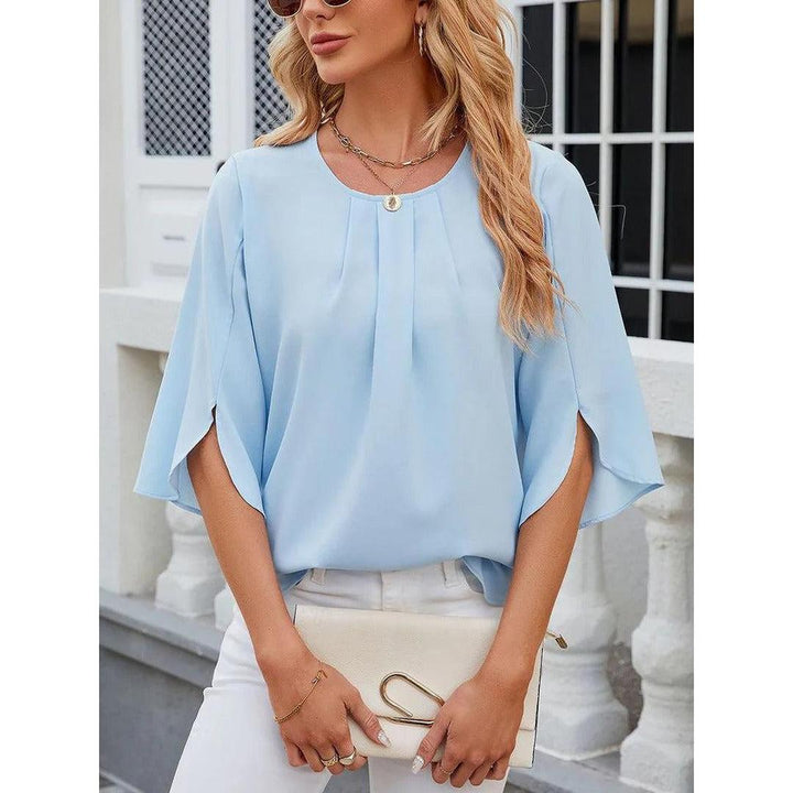 Women Blouse Solid Color Round Neck 3/4 Sleeve