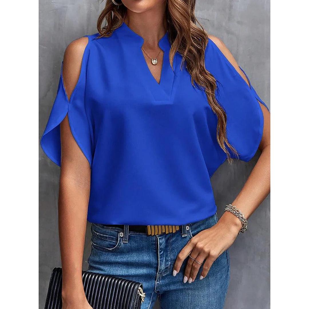 Women Blouse Solid Color Notch Neck Cold Shoulder Short Sleeve