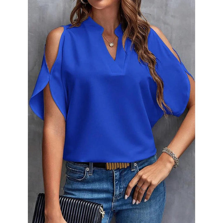 Women Blouse Solid Color Notch Neck Cold Shoulder Short Sleeve