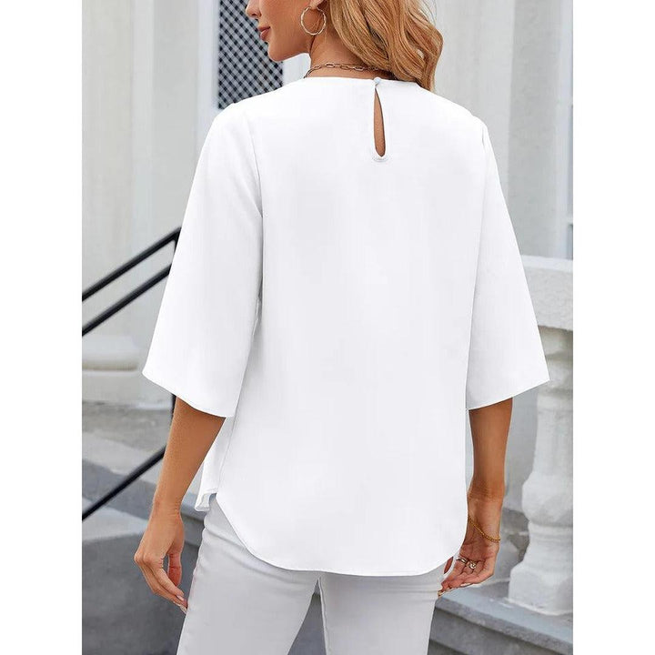 Women Blouse Solid Color Round Neck 3/4 Sleeve